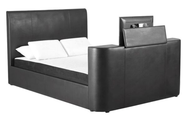 A bed with a TV integrated into the base